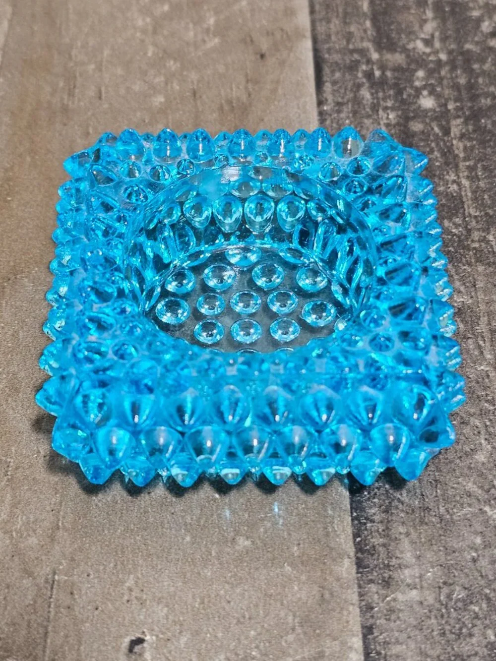 Vintage Fenton Blue Glass Votive Candle Holder Spike Hobnail Square